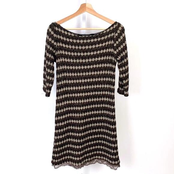 La Fee Maraboutee 3 S Italy Crochet Knit Sweater Dress 3/4 Sleeve Stripe Brown - Picture 8 of 8